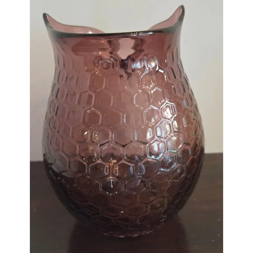 Amethyst Purple Owl Hand Blown Pier 1 Art Glass Vase 5x8 In Textured Honeycomb